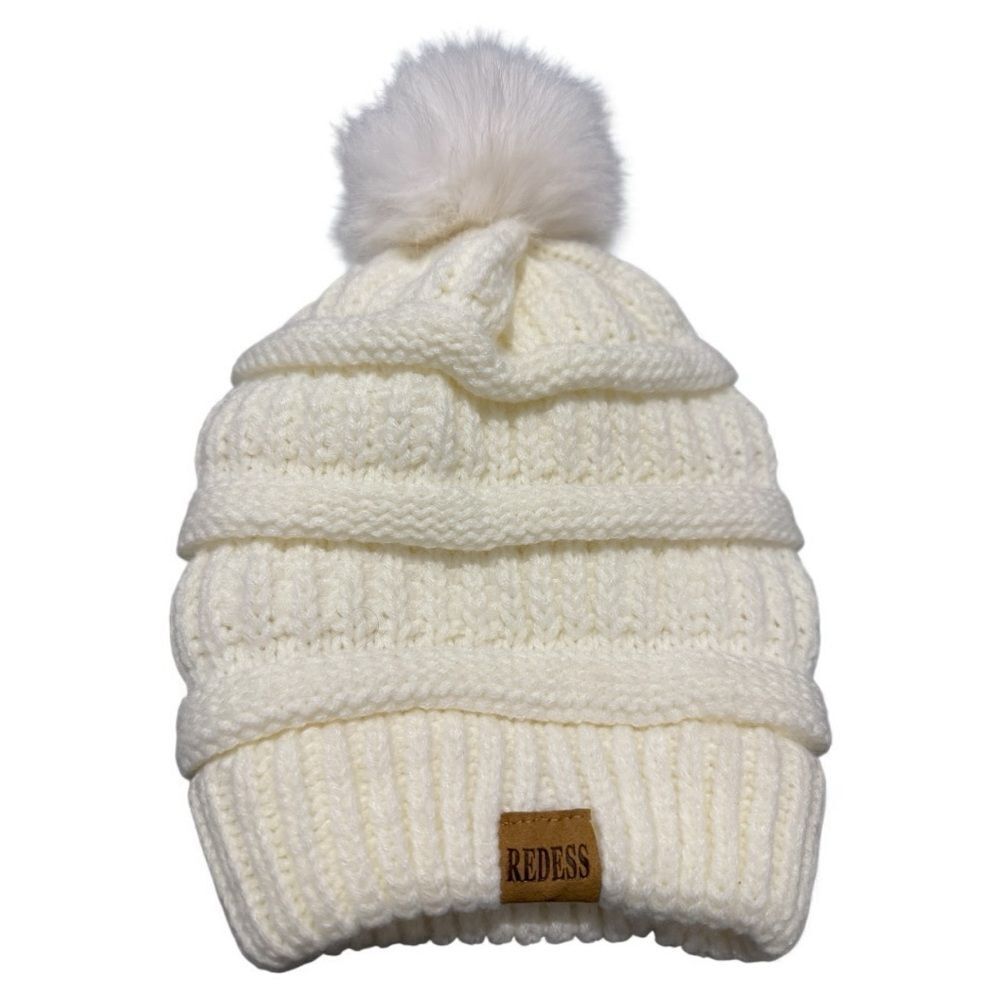 Redess Creamy white (ivory) Knit Beanie Hat with Faux Fur Pom – Soft & Cozy